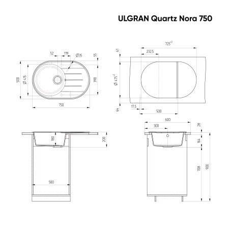 Мойка ULGRAN Quartz Nora 750-07