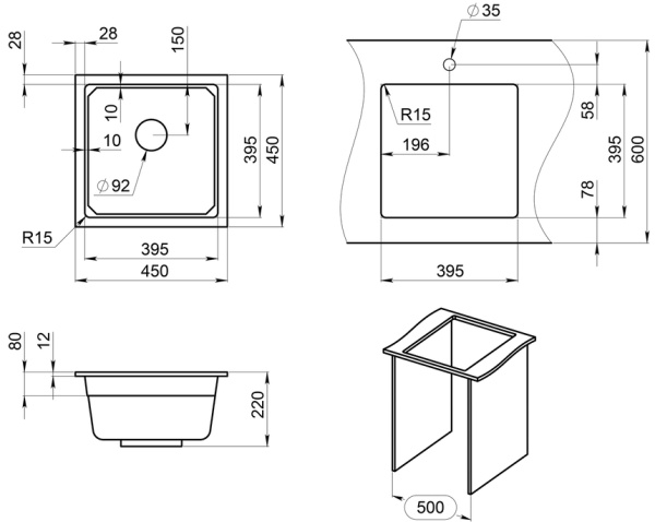 Кухонная мойка GRANULA KS-4501U, АЛЮМИНИУМ, кварц
